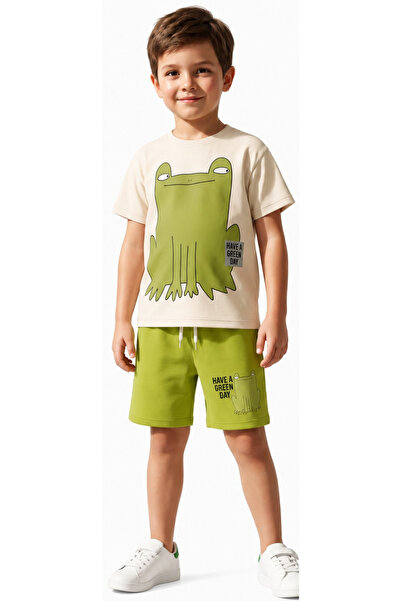 İrem Çocuk Giyim Boy's Beige Color T-Shirt and Shorts Set with Green Text on ...