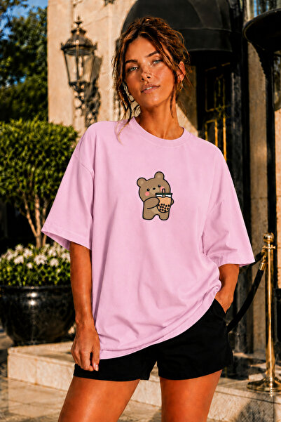FECCY Premium Coffee Drinking Bear Printed Theme Unisex Oversize Women's T-Sh...