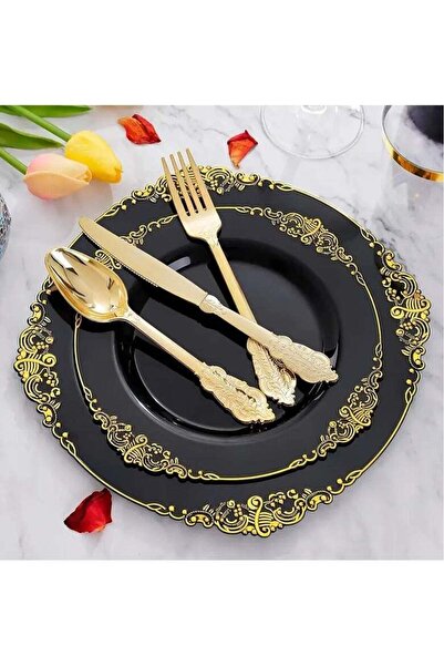 Generic Boxwoods 125 Pcs Black and Gold Premium Quality Disposable Dinnerware...