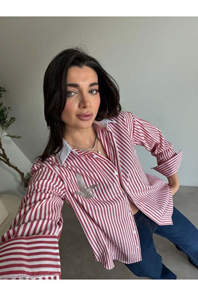 Bade Butik White Red Striped Shirt with Silver Bird Detail