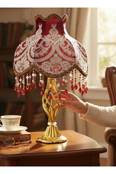 Dekovien Vintage Lampshade with French Lace Overlay on Burgundy Velvet and Go...