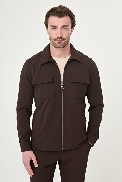 Mcr Textured Slim Fit Shirt Collar Seasonal Men's Coat Brown - 39668.26Y