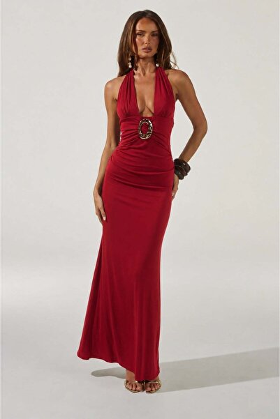 pink life Burgundy Backless Buckled Maxi Dress