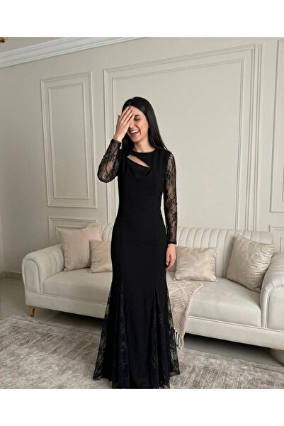 GORI FASHION Black Lace Dress with Transparent Sleeves