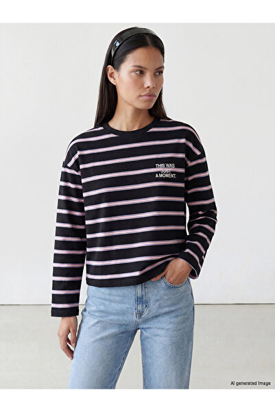 LC Waikiki Black Crew Neck Striped Women's T-Shirt