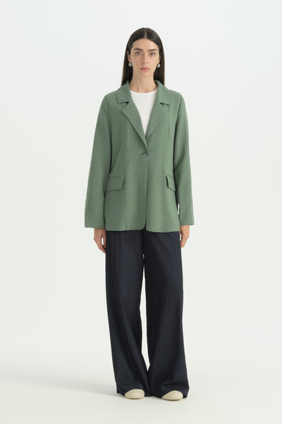 Nihan Single Button Detailed Linen Jacket - Mold Green