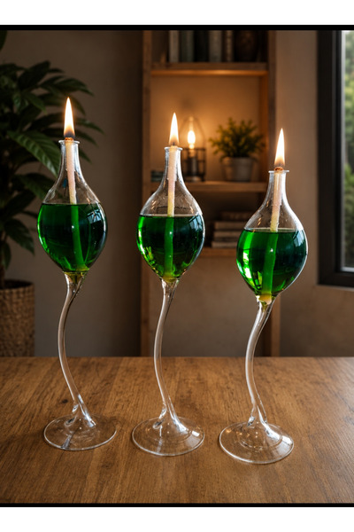 GLASSBLOWİNGART20 MİRA YEŞİL 3 LÜ SET KANDİL +200 ML KANDİL YAĞI HEDİYE