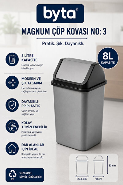 BYTA Magnum No:3 8 Liter Trash Can with Swinging Lid |   Durable Pp Plastic |...
