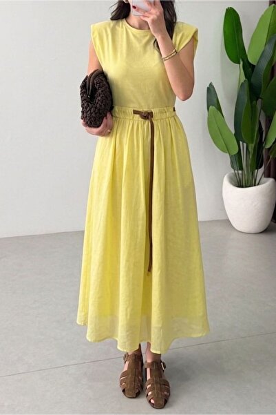 Suziş Dress with Yellow, Cotton, Garnishes and Leather Belt 0103