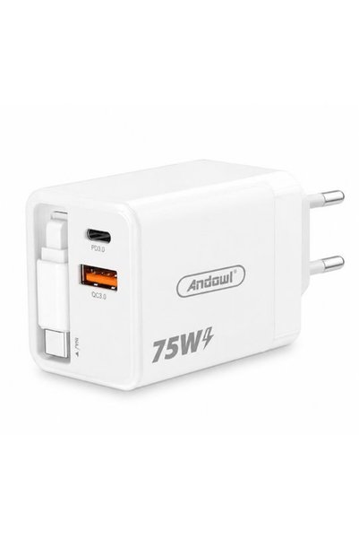 Andowl Φορτιστής με θύρα USB-A και θύρα USB-C και καλώδιο USB-C, 75W Power De...