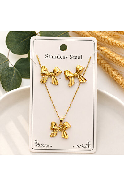 GlaMLo Accessories Set Colier și Cercei fundiță din oțel inoxidabil auriu