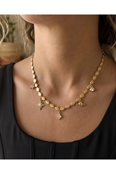 ILSA Gold Bead Chain Necklace with Star Saturn Clover Zircon Charm