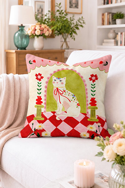 Home Çiçekli Kedi İllüstrasyonlu Kırlent Kılıfı - Kırmızı Kareli Retro Dekora...