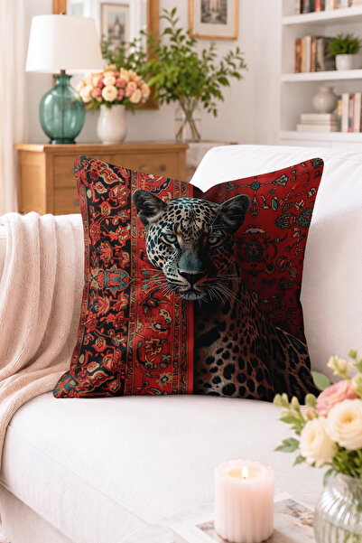 Home Leopar Figürlü Kırmızı Halı Desenli Kırlent Kılıfı - Vintage Dekoratif Y...