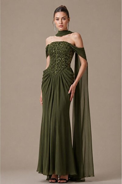 MarsTape Luxury Embroidered Corset Maxi Gown Evening Dress with Draped Shawl