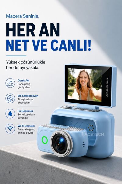 ACSTECH 4K Vlog Kamerası | Fotoğraf ve Video | Wi-Fi | Çift Ekran | 170° Geni...