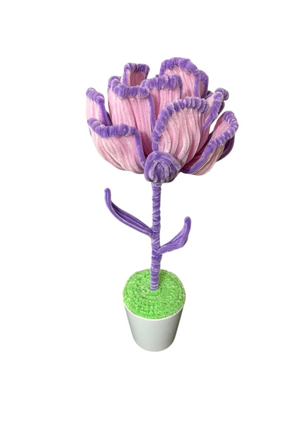 BERRİNA LİLA PEMBE SAKSILI GÜL / EL YAPIMI ŞÖNİL ÇİÇEK / DEKOR