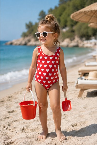 FURYATEX Girl's Heart Swimsuit Red and White Patterned Sea and Pool Swimming Swimsuit