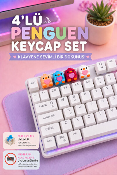 Makerpax Sevimli Penguen Figürlü Keycaps 4'lü Set - Cherry MX Uyumlu Mekanik ...
