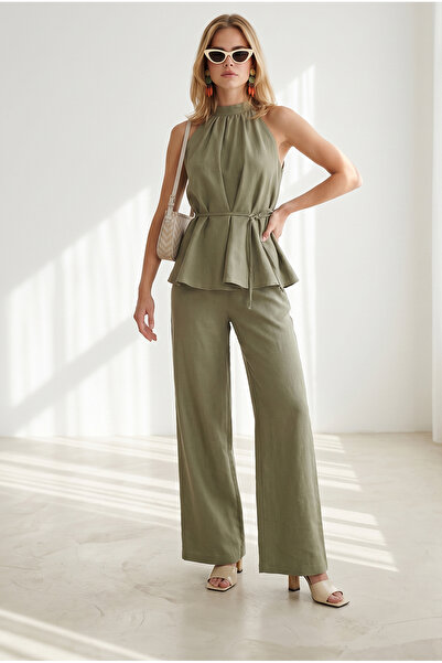 Olalook Women's Khaki Halter Neck Bell Blouse with Pockets Linen Pants Set Tk...