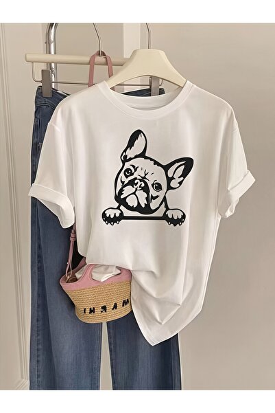 STITCHLY تي شيرت نسائي بطباعة كلب البولدوغ الفرنسي - أسود وأبيض بتصميم بسيط، ...