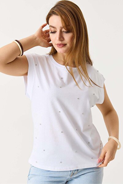 Raneel Kazançlı Alışveriş Women's Stylish Tshirt with Stone Detail in White