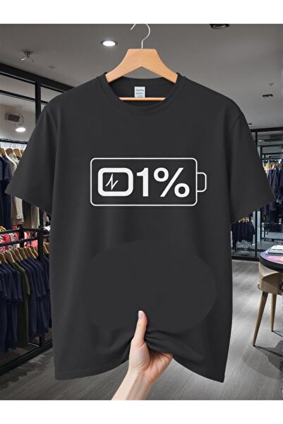 STITCHLY تي شيرت رجالي صيفي كاجوال بتصميم 1% باتري جرافيك |   تصميم أسود وأبي...