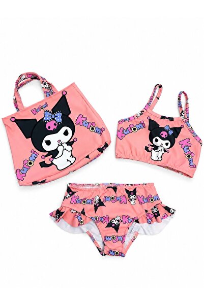 ALİŞ KİDS Girl's Yavruağzı Color Kuromi Patterned 3-Piece Bikini Set with Bag
