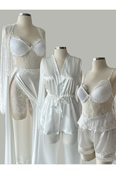 KARLİNAX Luna Bridal Ekru Balayı ve Gelin Çeyiz Seti 6'lı Saten Dantelli Gece...