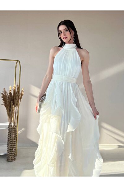 ALPŞAN TİCARET Women's Halter Neck Flounced Pleated Long Evening Dress Weddin...