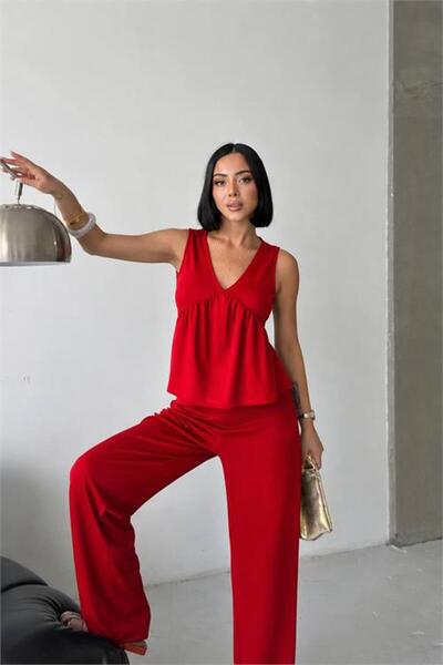 Neşeli Butik Pantaloni largi din țesătură modal roșie pentru femei, cu volane...