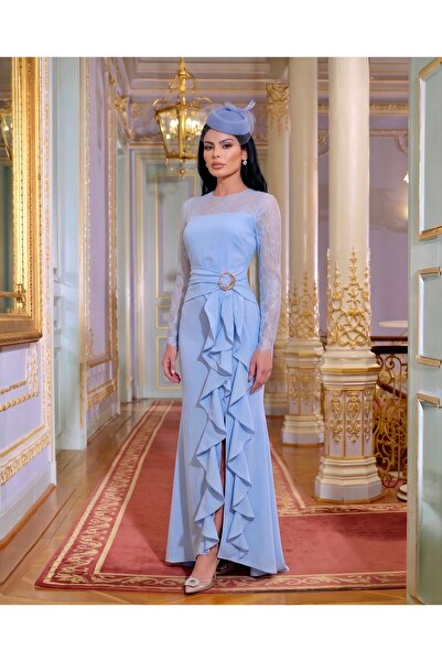 1Moda1Tarz Imported Crepe Lace Fabric, Ruffle and Buckle Detailed, Slit and L...