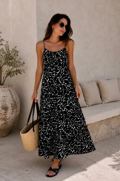 bb butik basic Ayarlanabilir Askılı Bürümcük Kumaş Desenli Maxi Elbise – Günl...