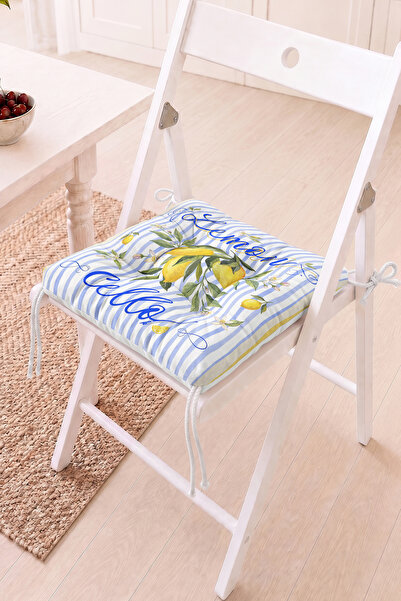Home Limon Motifli Pofidik Sandalye Minderi - Mavi Çizgili Dekoratif Mutfak M...