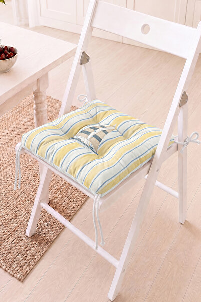 Home Yelkenli Desenli Pofidik Sandalye Minderi - Sarı Mavi Çizgili Dekoratif ...