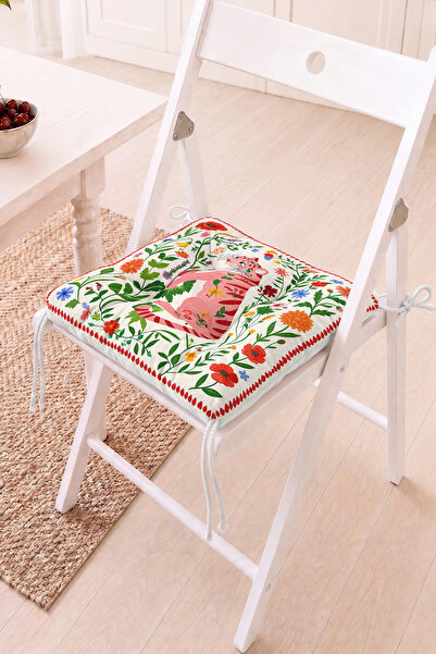 Home Pembe Kaplan Figürü ve Çiçek Desenli Pofidik Sandalye Minderi - Renkli B...