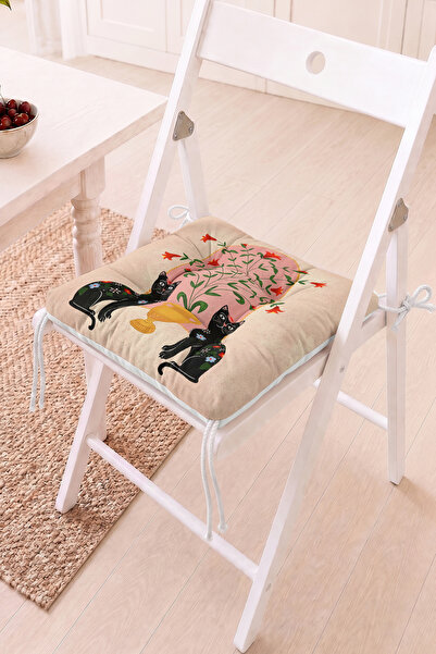 Home Siyah Kedi Figürleriyle Süslü Pofidik Sandalye Minderi - Çiçekli ve Vint...