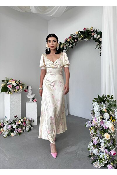 Miss Beyoğlu Women's V-Neck Balloon Sleeve Floral Patterned Satin Long Dress