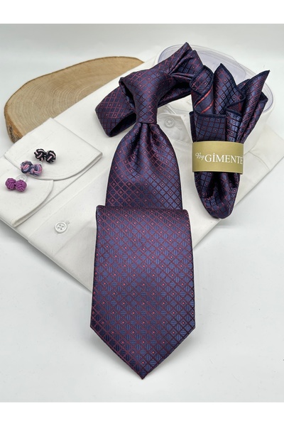 Gutiero Claret Red Patterned Classic Tie with Handkerchief