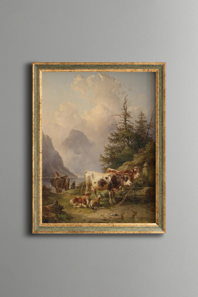 epiqart A Herd of Animals with a Shepherdess by the Lake - Vintage Patterned ...