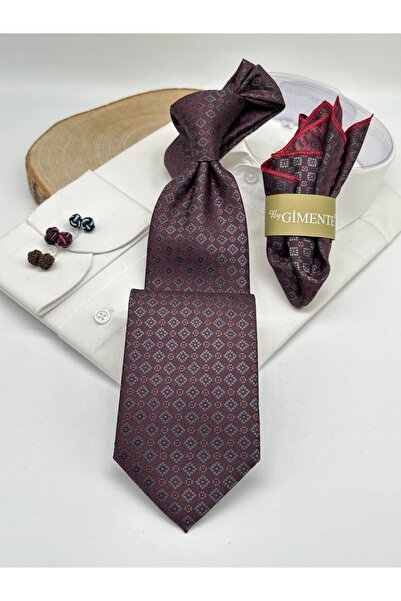 Gutiero Claret Red Patterned Classic Tie with Handkerchief