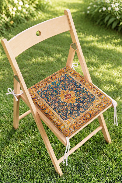 Home Klasik Halı Desenli Fermuarlı Sandalye Minderi - Lacivert Hardal Vintage...