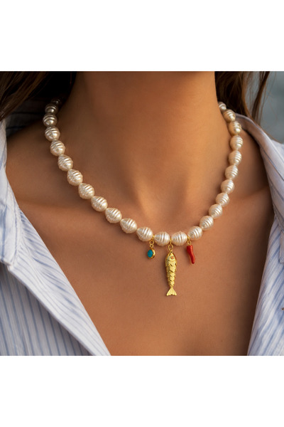 Sweet bunny Çağla Şkel Model İnci Görünümlü Balık Charm Kolye Gold Deniz Tema...