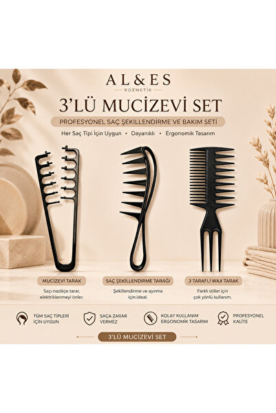 AL&ES kozmetik Mucizevi 3'lü Tarak Seti Saç Şekillendirme Tarağı 3 Taraflı Wa...