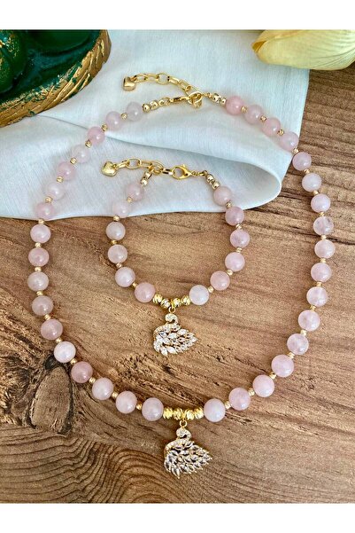 İkon Aksesuar Pembe Kuvars Doğaltaş Zirkon Kuğu Charmlı Kolye ve Bileklik Takım