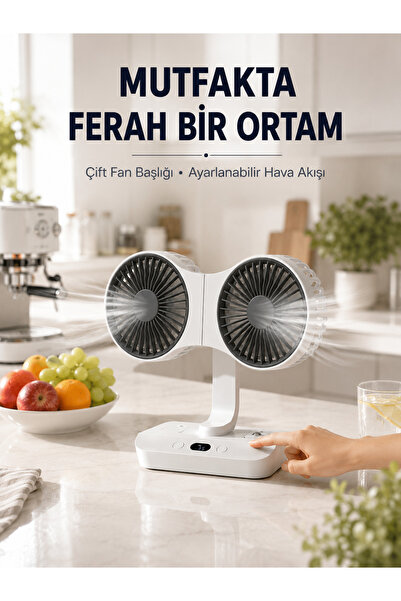 Lisinya Ayarlanabilir Çift Fan Başlıklı Şarjlı Masa Vantilatörü -