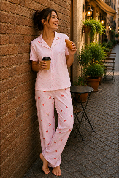 PİAURA Women's Front Buttoned Short Sleeve Pajama Set Lycra Single Jersey