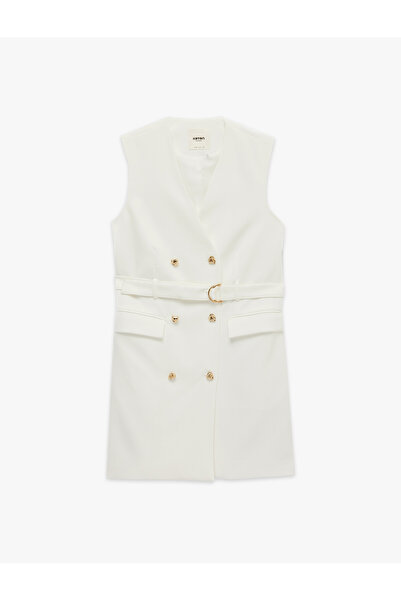 Koton Sleeveless Double Breasted Collar Mini Jacket Dress with Pocket and Met...