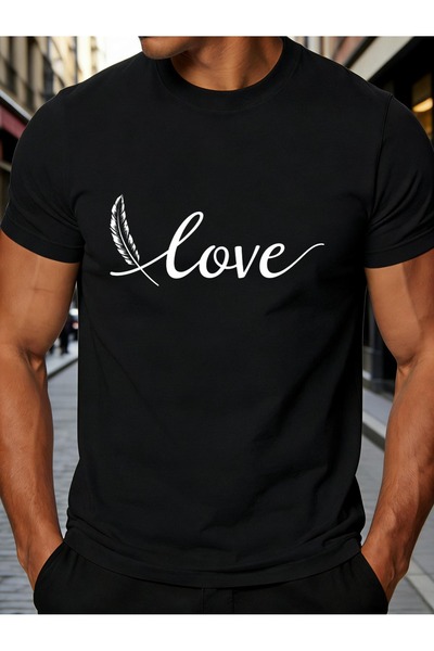 1001 Line Romantic Script Love Feather Design Men's T-Shirt with Elegant Typo...
