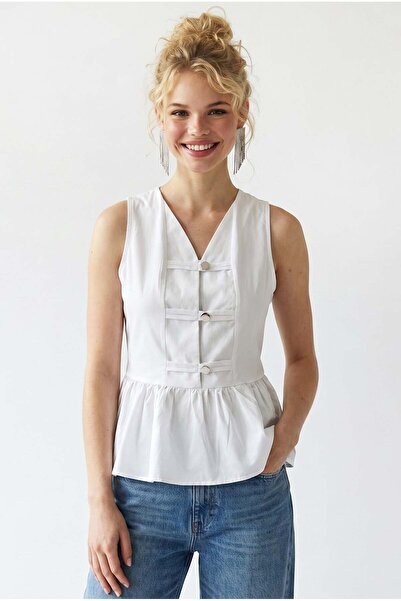 Mixray 4940 Kadın Poplin Volanlı Kolsuz Peplum Bluz Beyaz